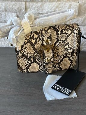 New Versace Jeans Collection Python looking Print Crossbody Bag in Beige/Black